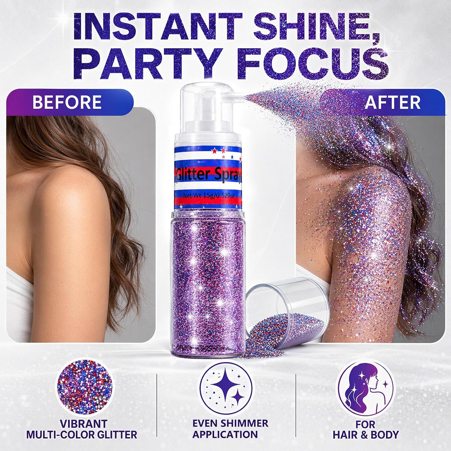 Patriotic Red White And Blue Hair And Body Glitter Spray, Hair Glitter Highlighter Powder For Clothes, Festival Party Makeup Fourth Of July Accessories For Women, 4Th Of July Independence Day