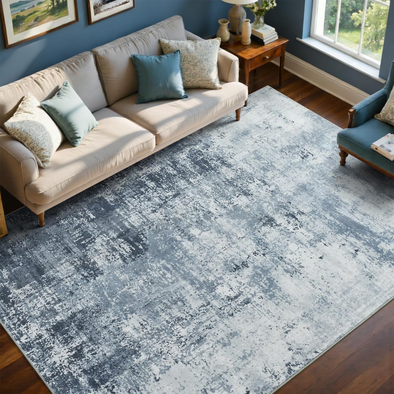 6X9 Ft Large Area Rugs For Living Room, Soft Non-Slip Washable Rugs Modern Abstract Pattern Carpet For Bedroom Indoor Floor Nursery Home Decor (Blue)