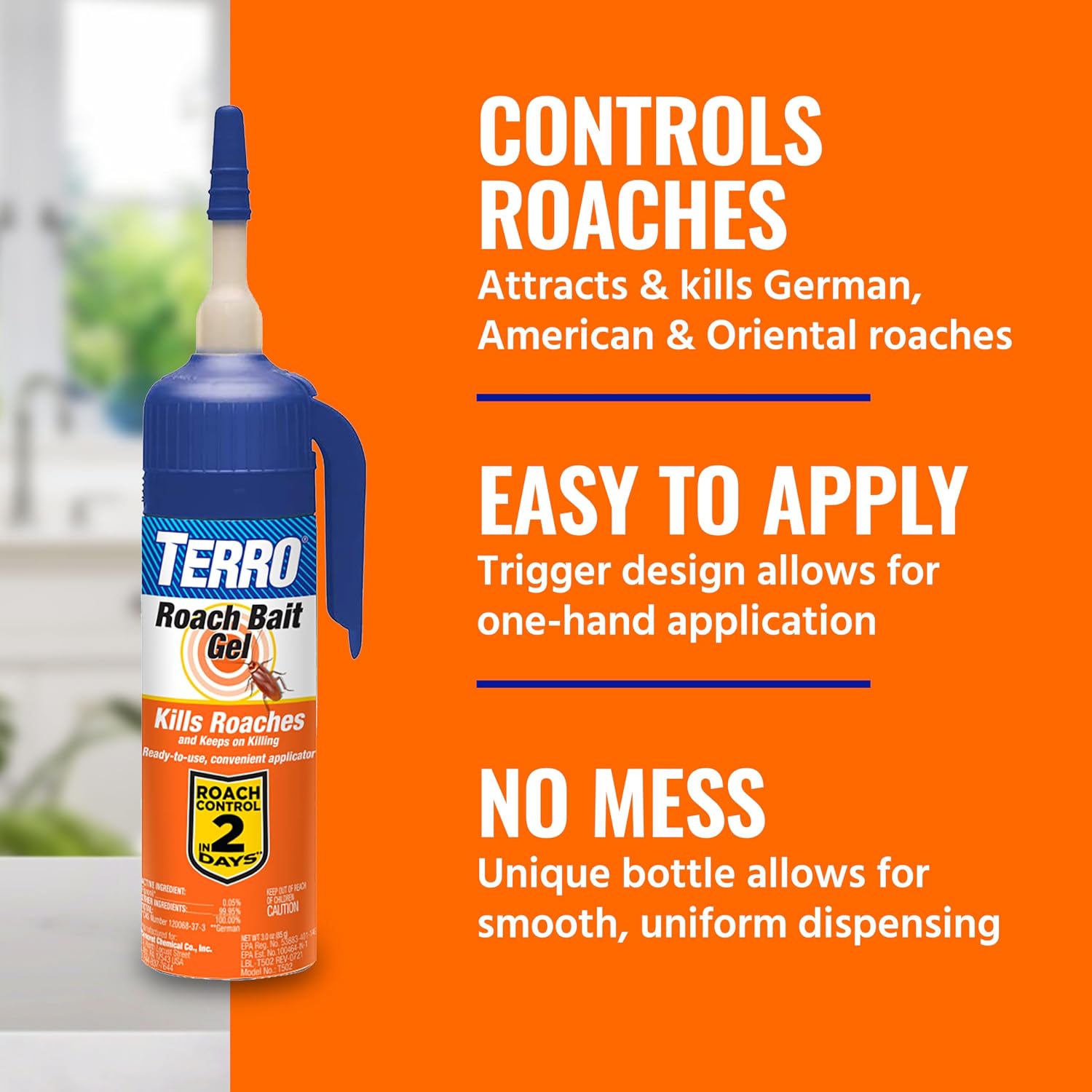 Terro Cockroach Gel Bait Killer, 3 Oz Bottle, Fast-Acting Roach Killer | Indoor Infestation Control For German, American & Oriental Roaches, Precision Applicator, Use In Kitchen, Bathroom, Basements