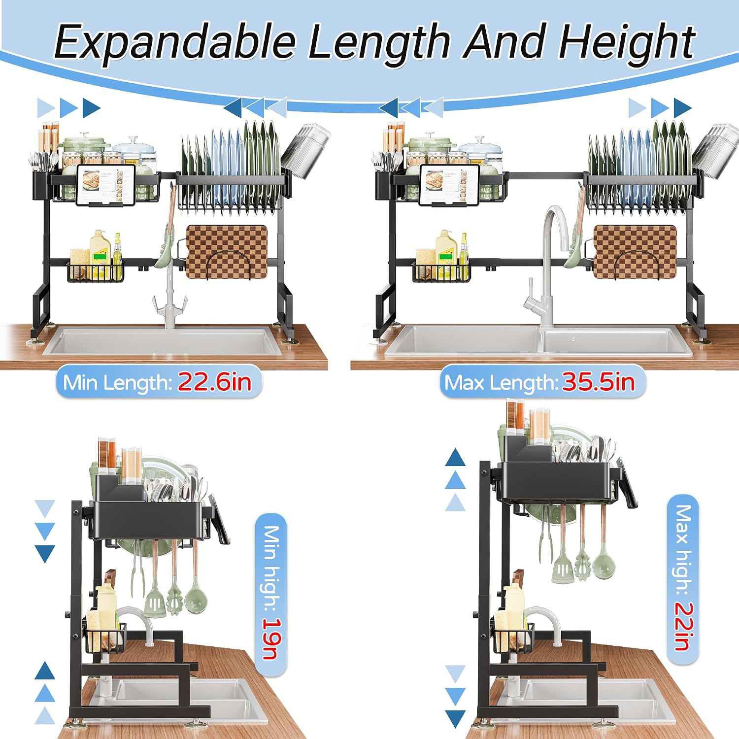 Adbiu Over The Sink Dish Drying Rack (Expandable Height And Length) Snap-On Design 2 Tier Large Dish Rack