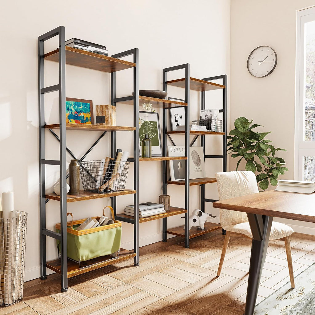 Superjare Triple Bookshelf, Bookcase With 11 Open Display Shelves, Wide Book Shelf Book Case For Home & Office, 4 Tier, Brown