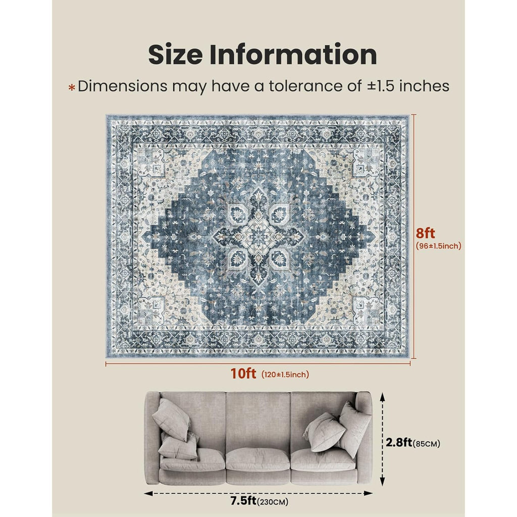 AMADA HOMEFURNISHING 8x10 Washable Area Rug, Low-Profile with Non-Slip Backing & Durable Edge Binding, Vintage Large Rugs for Living Room, Bedroom, Dining Room, Blue