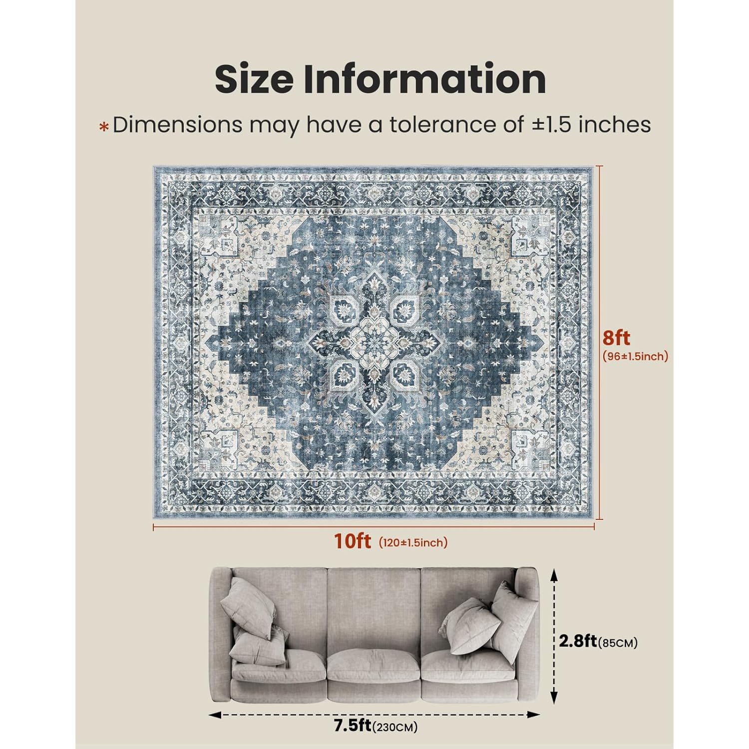 AMADA HOMEFURNISHING 8x10 Washable Area Rug, Low-Profile with Non-Slip Backing & Durable Edge Binding, Vintage Large Rugs for Living Room, Bedroom, Dining Room, Blue