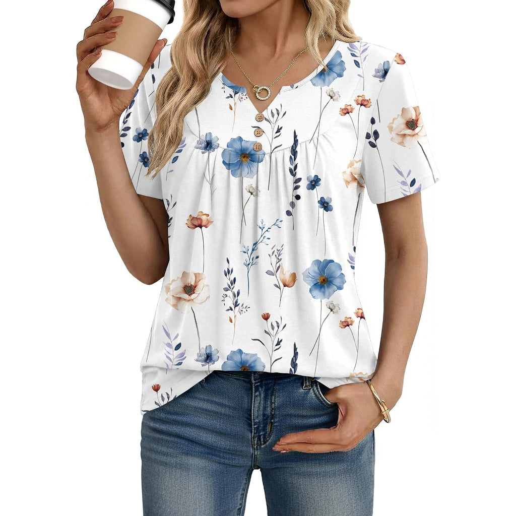 Zeagoo Womens Summer Tops 2026 Short Sleeve Shirts V Neck Pleated Tunic Tops Work Blouses Business Casual Outfits S-3Xl