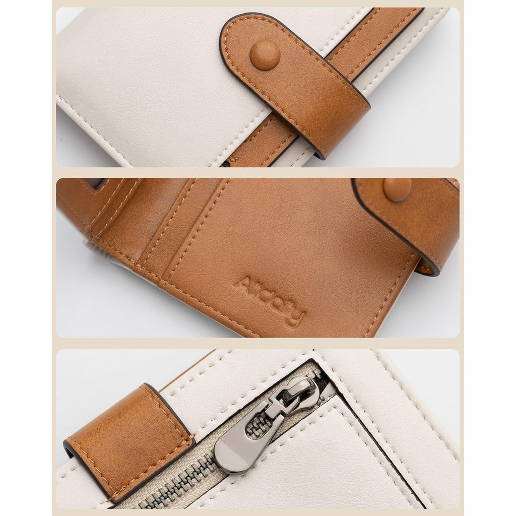 Alldaily Small Slim RFID Blocking Leather Wallet for Women, Bifold with 10 Card Slots and Coin Pocket (White&Brown)