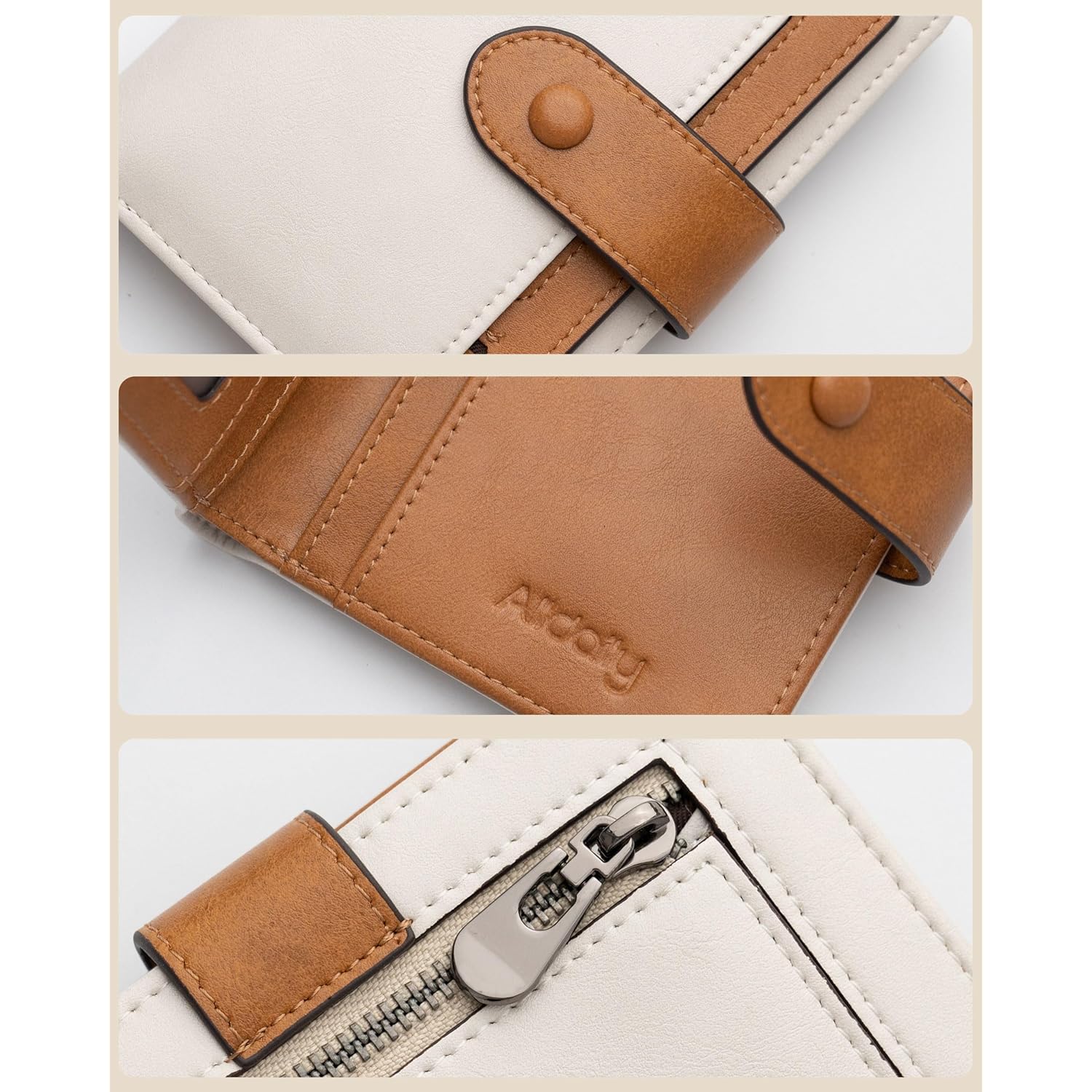 Alldaily Small Slim RFID Blocking Leather Wallet for Women, Bifold with 10 Card Slots and Coin Pocket (White&Brown)