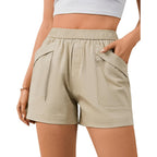 Shorts for Women Casual Cotton Wide Leg Elastic Waist Flowy Shorts with 4 Pockets Summer Beach Vacation Outfits