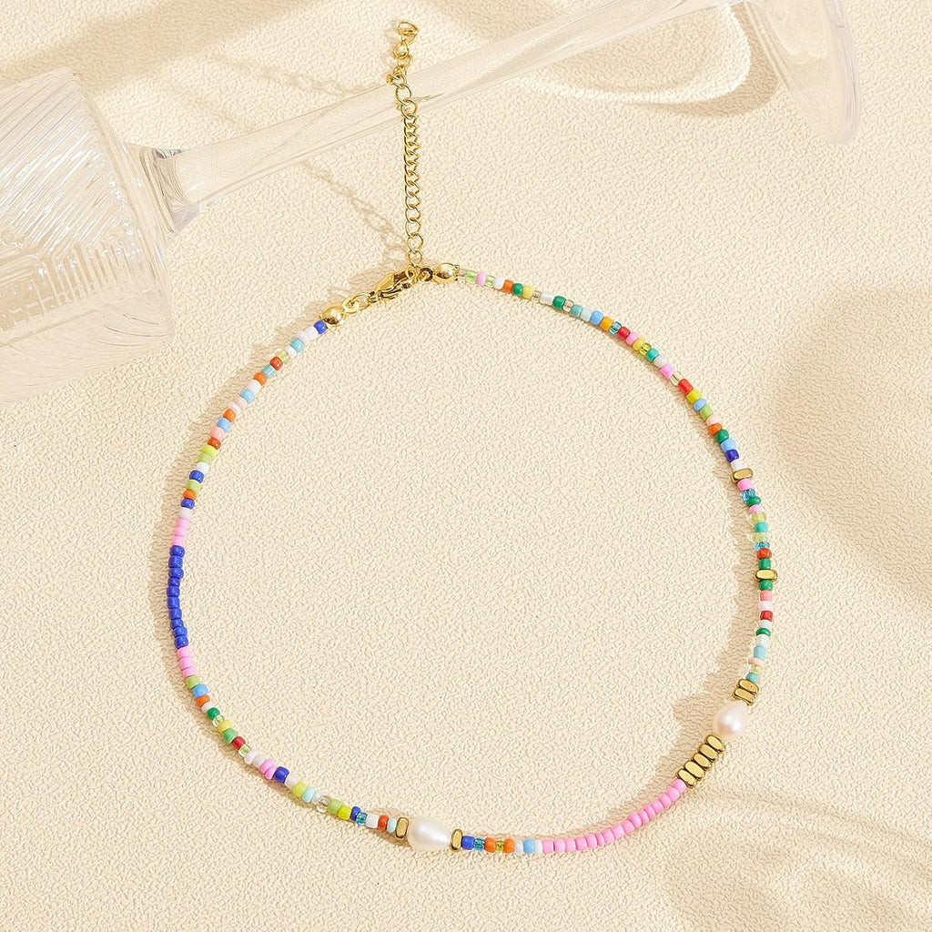 Wellike Freshwater Pearl Beaded Necklace for Women Handmade Boho Colorful Glass Beads Choker Necklace Stainless Steel 18K Gold Plated Bohemian Women Summer Jewelry Gifts