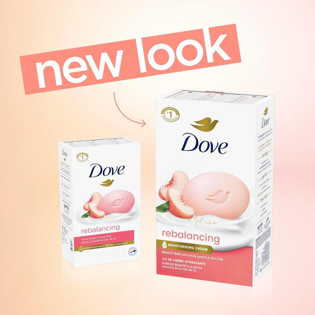 Dove Rebalancing Beauty Bar Soap 6 Count, White Peach & Rice Milk, 3.75 Oz I Plant-Based Beauty Bar With White Peach And Rice Milk For Soft, Moisturized Skin