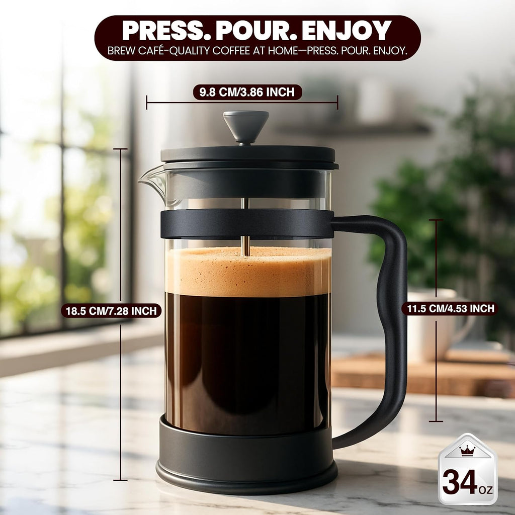 Utopia Kitchen Borosilicate Glass French Press Coffee Maker 34 Oz, Heat-Resistant Cafetiere & Tea Maker, Thickened Glass Coffee Press for Travel and Camping, Black