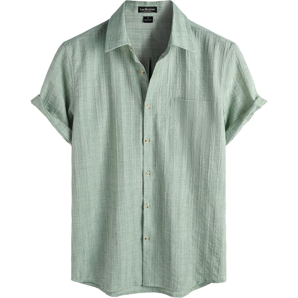 Lucmatton Men'S Vintage Bohemian Short Sleeve Button Down Shirt Casual Regular Fit Striped Textured Summer Beach Tops