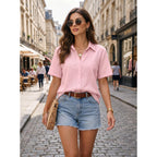 Zeagoo Women Button Down Shirt Cotton Linen Blend Short Sleeve V Neck Blouse Dressy Casual Summer Tops Beach Vacation Outfits