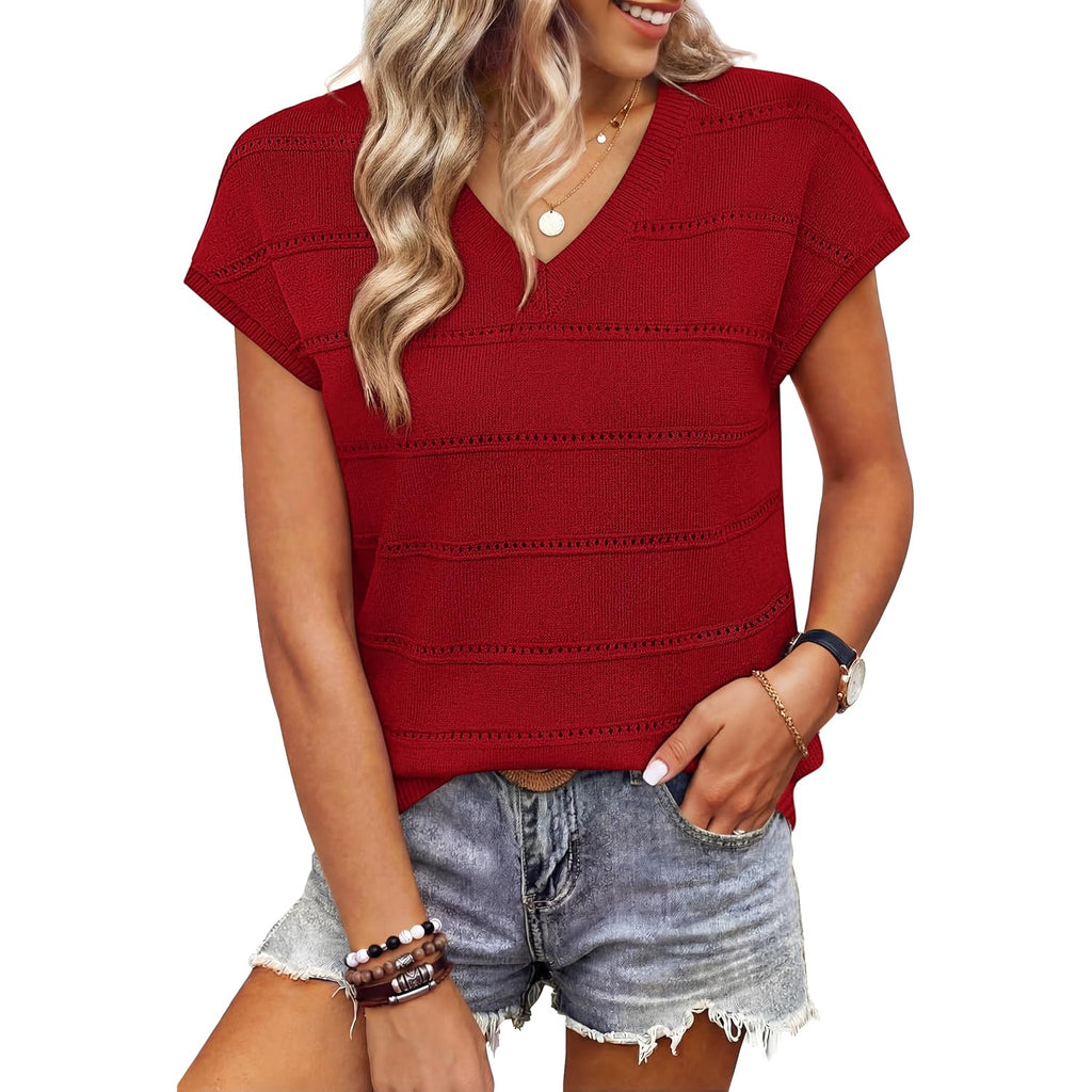 Wiholl Short Sleeve Sweater For Women V Neck Trendy Summer Tops 2026 Spring Fashion Clothing Business Casual Outfits