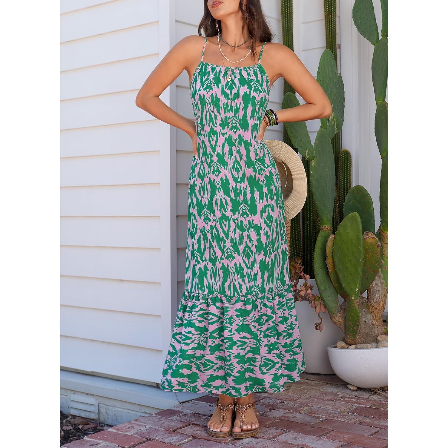 Dokotoo Women Summer Dresses 2026 Spaghetti Strap Scoop Neck Smocked Ruffle Flowy Boho Maxi Dress