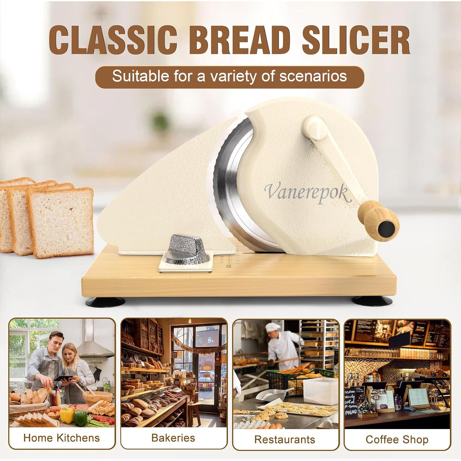 vanerepok Manual Bread Slicer for Homemade Sourdough Bread Versatile Hand Crank Bread Slicer for Sourdough Crusty Bread Etc Stainless Steel Slicers Adjustable Width for Homemade & Commercial Use