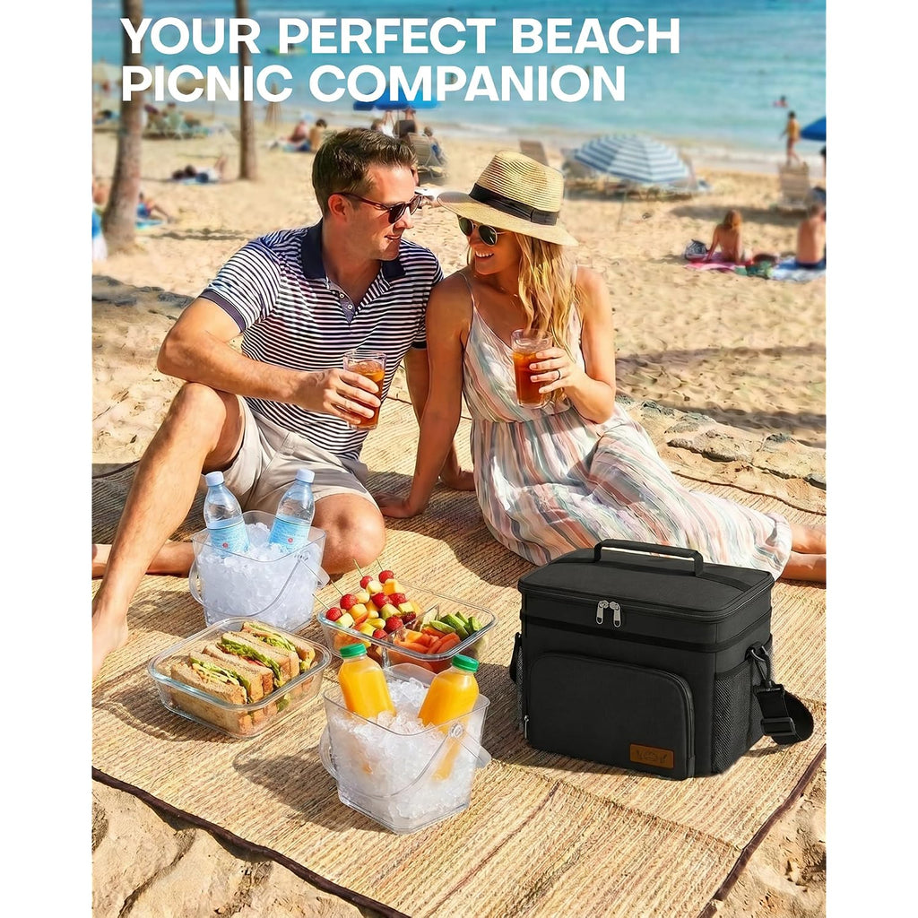 Hotor Insulated Lunch Box For Men & Women - Leak-Proof Cooler Lunch Bag With 4 Pockets, Adjustable Strap, Ideal For Work, Picnic, Travel - Medium, Black, 10.2"×6.9"×8.5"
