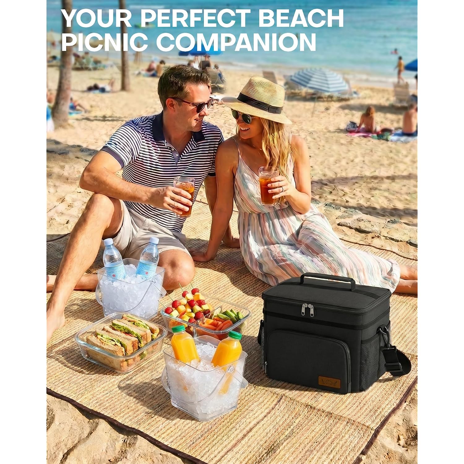 Hotor Insulated Lunch Box For Men & Women - Leak-Proof Cooler Lunch Bag With 4 Pockets, Adjustable Strap, Ideal For Work, Picnic, Travel - Medium, Black, 10.2"×6.9"×8.5"
