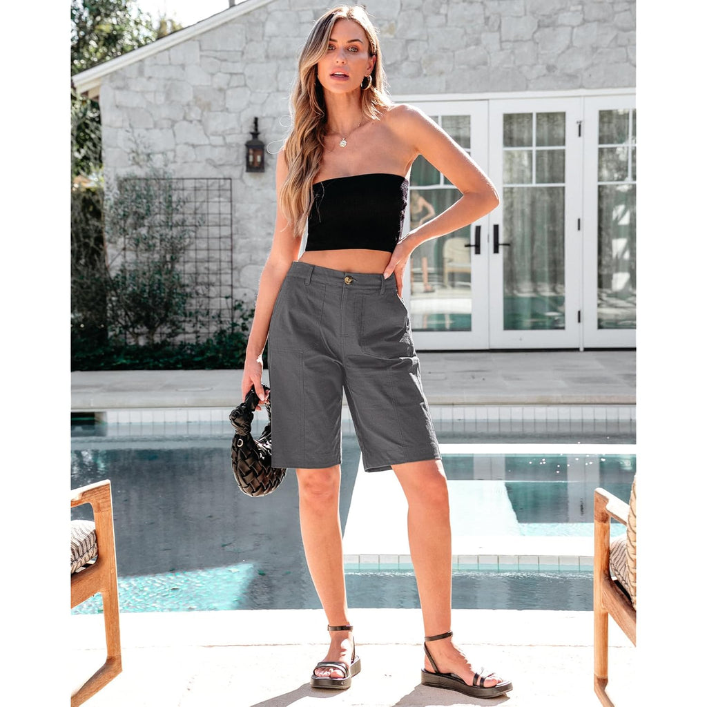 Bermuda Shorts for Women Knee Length High Waisted Cotton Elastic Waist Summer Dressy Casual Long Chino Shorts