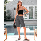 Bermuda Shorts for Women Knee Length High Waisted Cotton Elastic Waist Summer Dressy Casual Long Chino Shorts