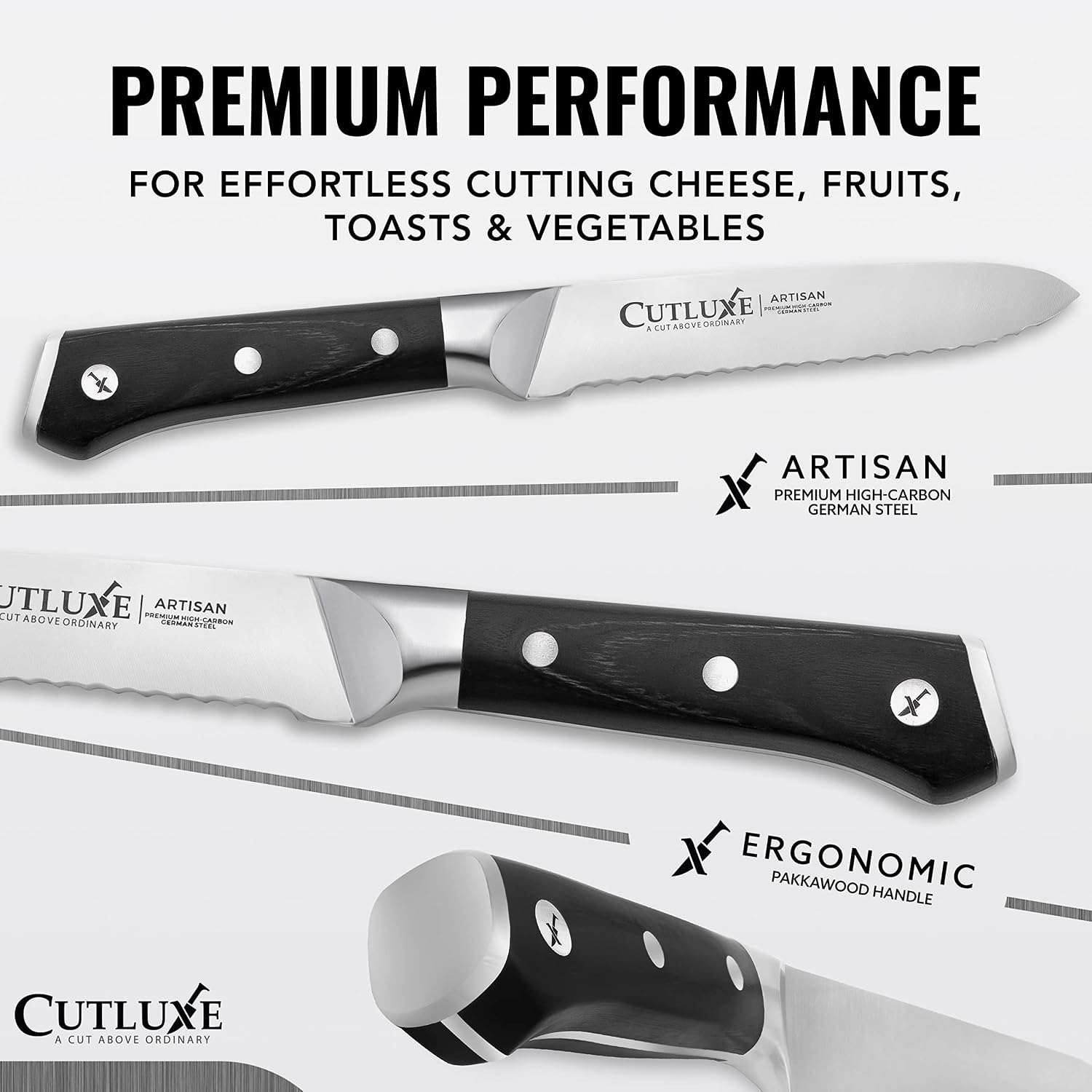 Cutluxe Serrated Tomato Knife – 5" Kitchen Utility Knife For Vegetables, Fruit & Bread – Razor Sharp Forged High Carbon German Steel, Full Tang, Ergonomic Pakkawood Handle – Artisan Series
