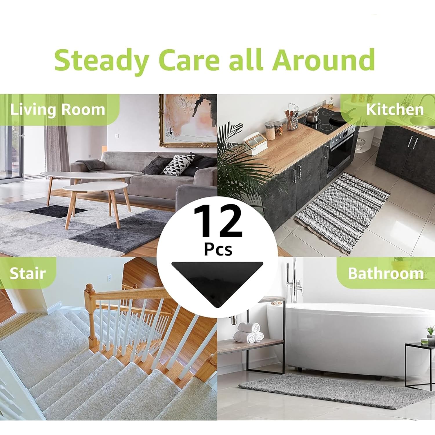 Rabenda 12 Pcs Rug Tape, Non Slip Rug Pads Grippers for Hardwood Floors and Tiles, Reusable Carpet Tape for Area Rugs, Double-Sided Adhesive Rug Stickers Keep Corners Flat (Black)