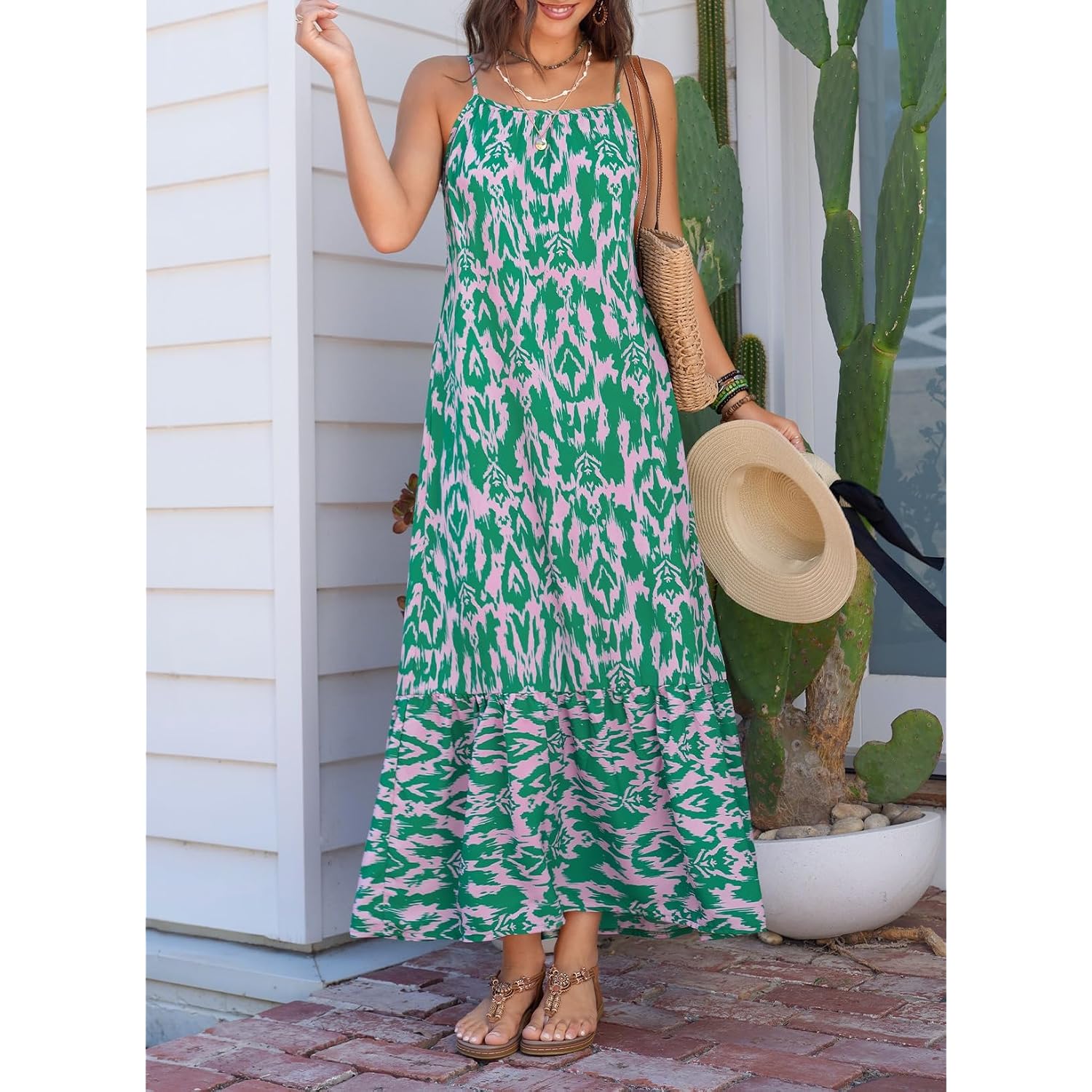 Dokotoo Women Summer Dresses 2026 Spaghetti Strap Scoop Neck Smocked Ruffle Flowy Boho Maxi Dress