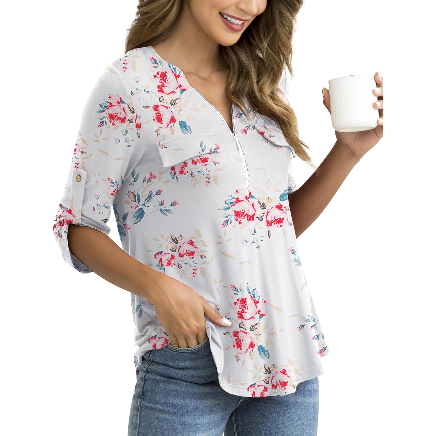 Women'S Plus Size Tops 3/4 Roll Sleeve Shirts V Neck Blouses Tunic Top