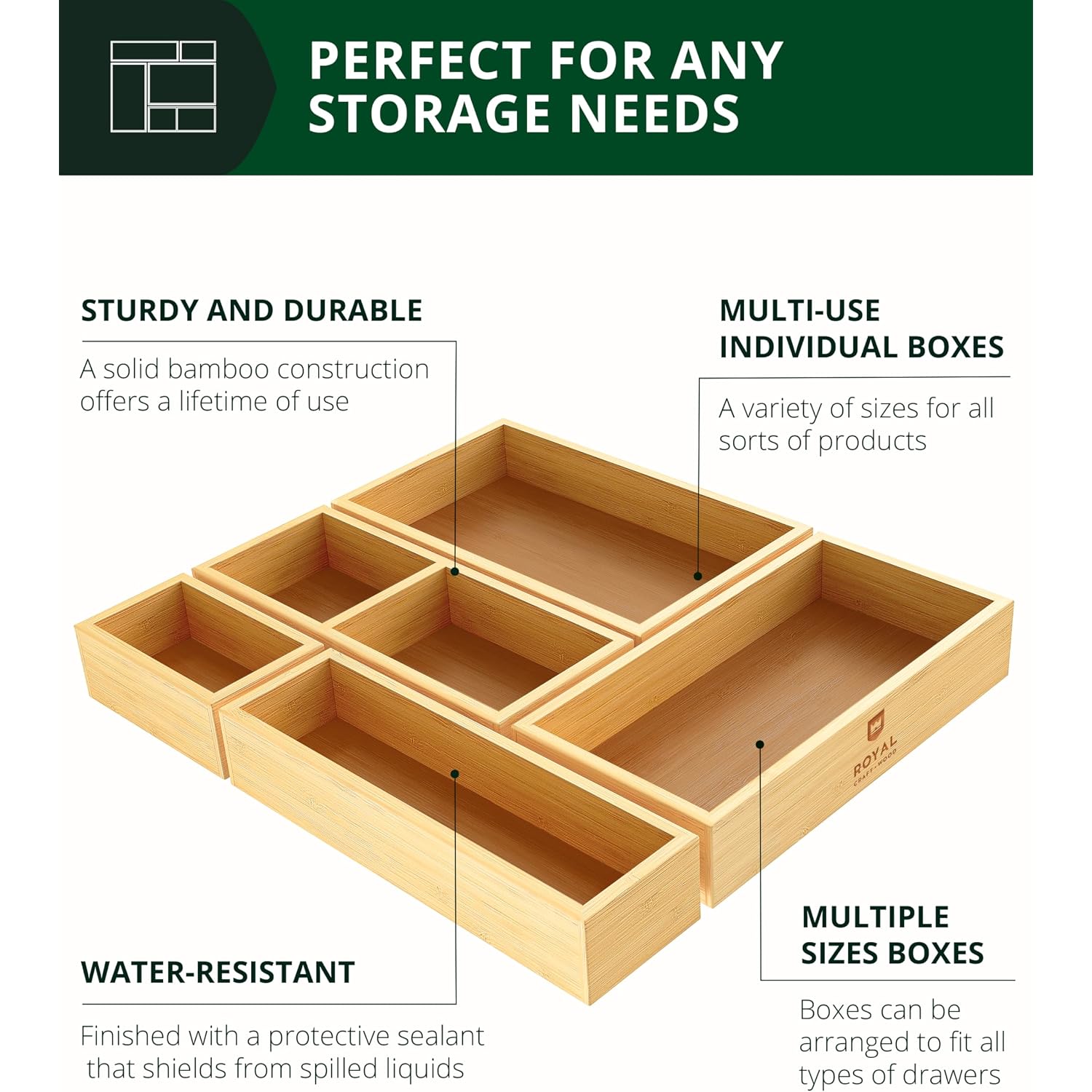 Royal Craft Wood 5-Piece Bamboo Drawer Organizer Set – Multi-Use Storage Trays For Kitchen, Bathroom, Office, Makeup, Jewelry & More – Junk Drawer Tray, Utensil Holder, Storage Box & Bin Set (5 Boxes)