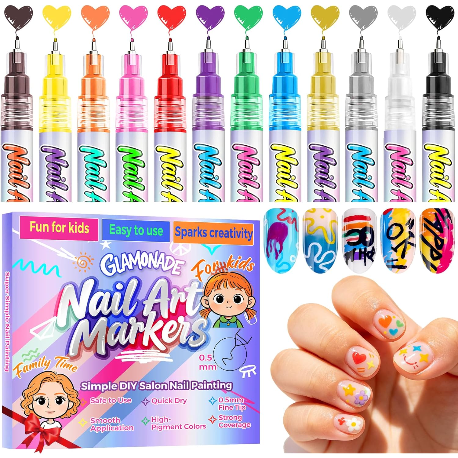 Glamonade Nail Art Markers for Kids: 0.5MM Fine Tip Vibrant Nail Polish Pens Non Toxic Set for Painting Decorate Nails Graffiti Pens DIY Salon Design & Quick Dry Hours of Fun Girls Safe Manicure Gift