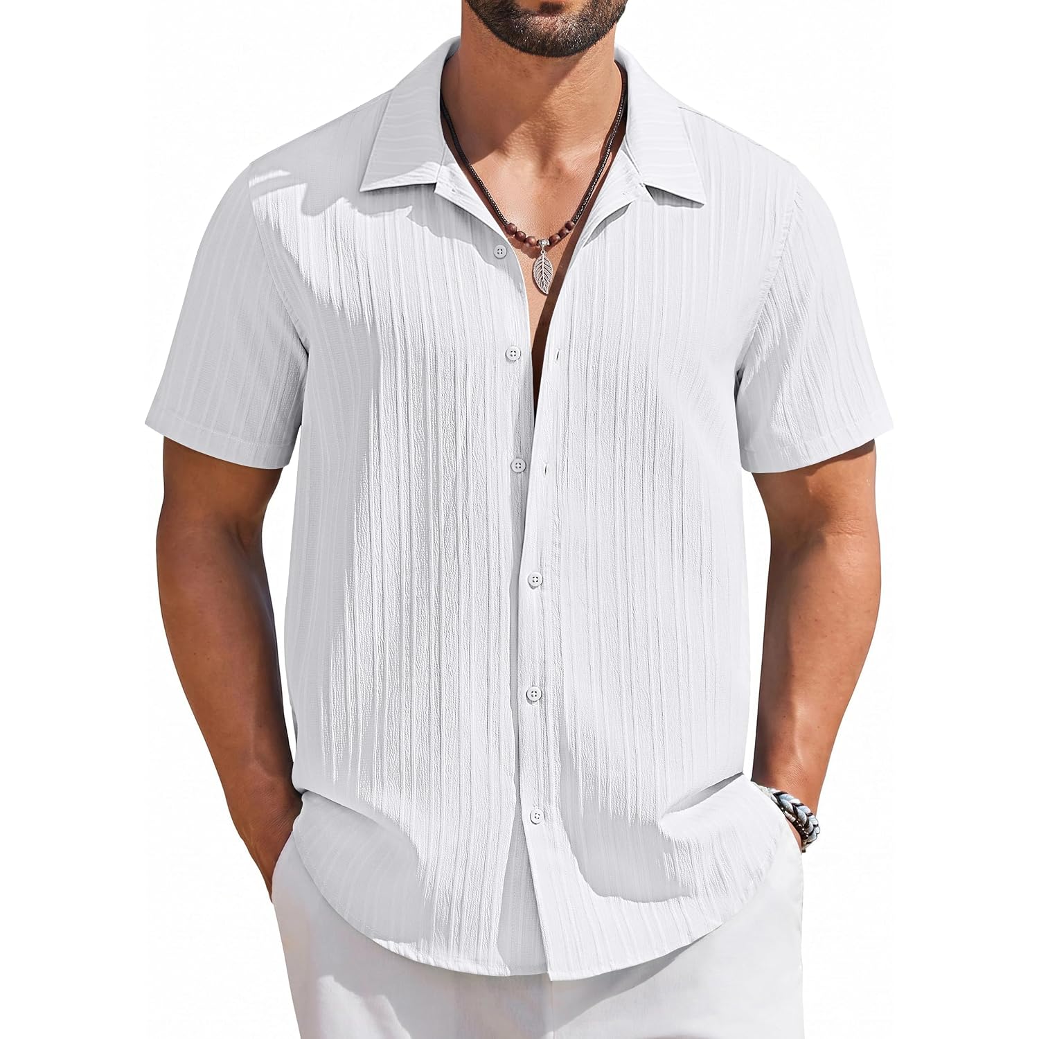 Coofandy Men'S Short Sleeve Casual Button Down Shirts Textured Summer Beach Shirt