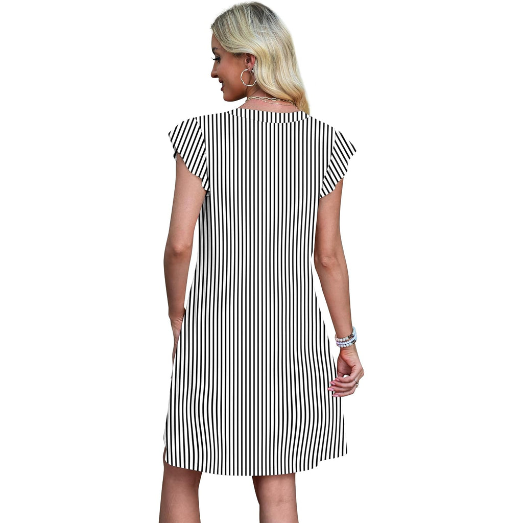 Ofeefan Spring Summer Dresses For Women 2026 Casual Ruffle Sleeve V Neck Loose Swing Sundresses With Pockets Plain/Print