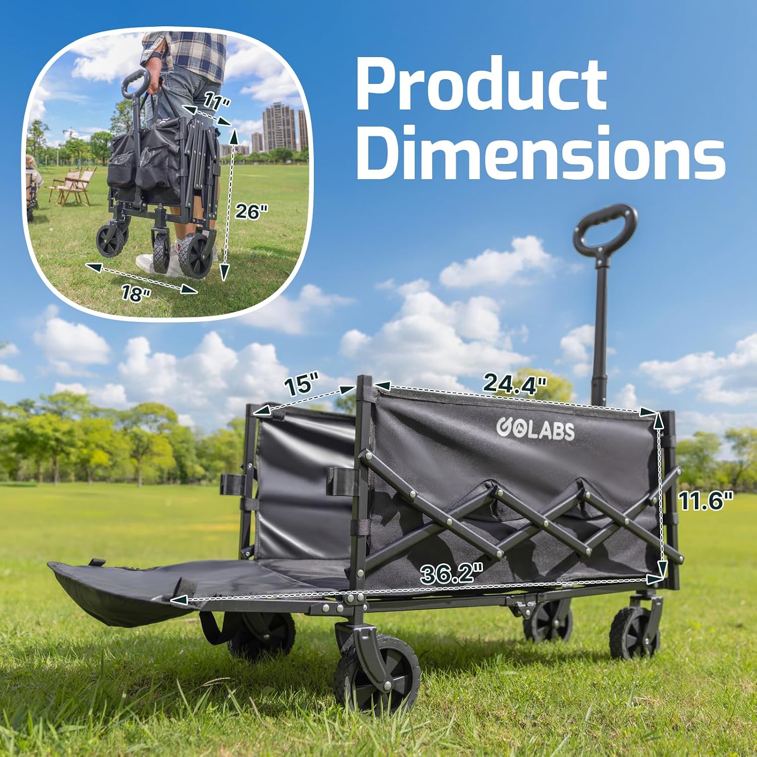 Golabs Wa1 Collapsible Folding Wagon Cart, Max 220Lb Load, Expands To 100L | Dual-Bearing Wheels, Smooth Swivel Steering, Drop-Down Tailgate, Extended Storage, 2 Cup Holders,Grocery/Garden/Camping,Black