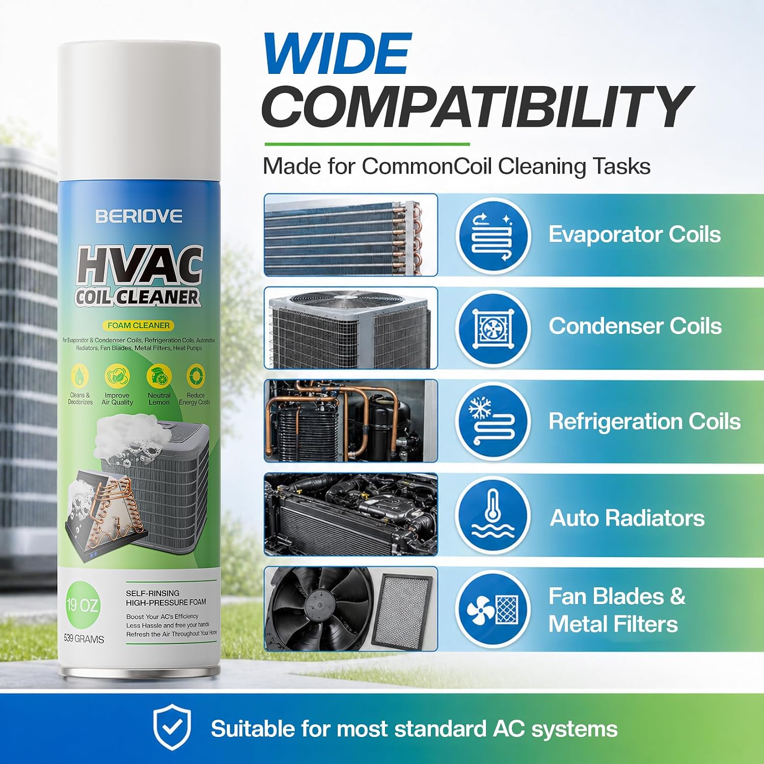 Berlove Foaming Ac Coil Cleaner: 19Oz High-Efficiency Formula, Quick Dust Removal, Ideal For Dust & Grease Removal On Evaporator Coils & Condensers, For Hvac Technicians & Diy Use