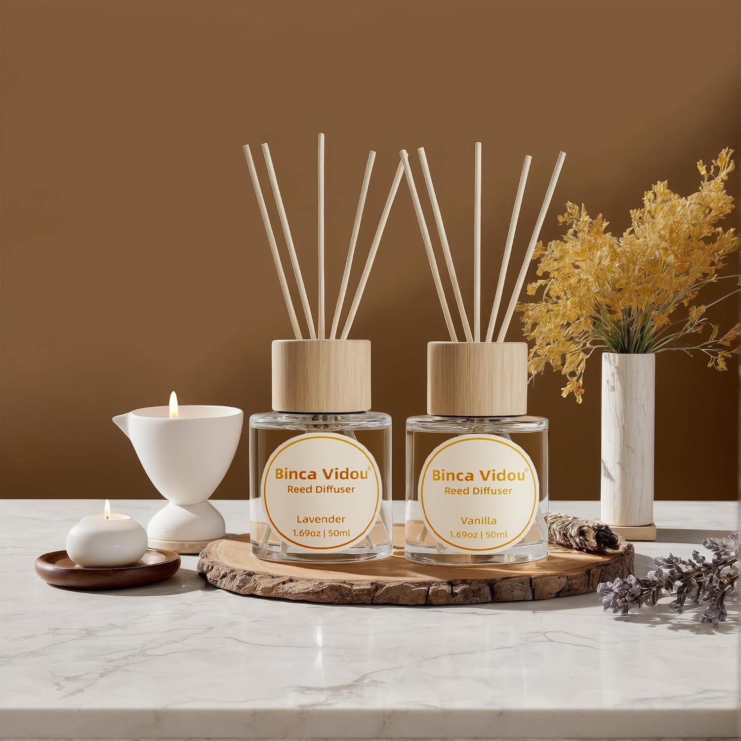 Reed Diffuser Set, Binca Vidou Lavender & Vanilla Natural Scent Oil Diffusers With Sticks For Home Office Bathroom Aromatherapy Decor 1.69Oz X 2