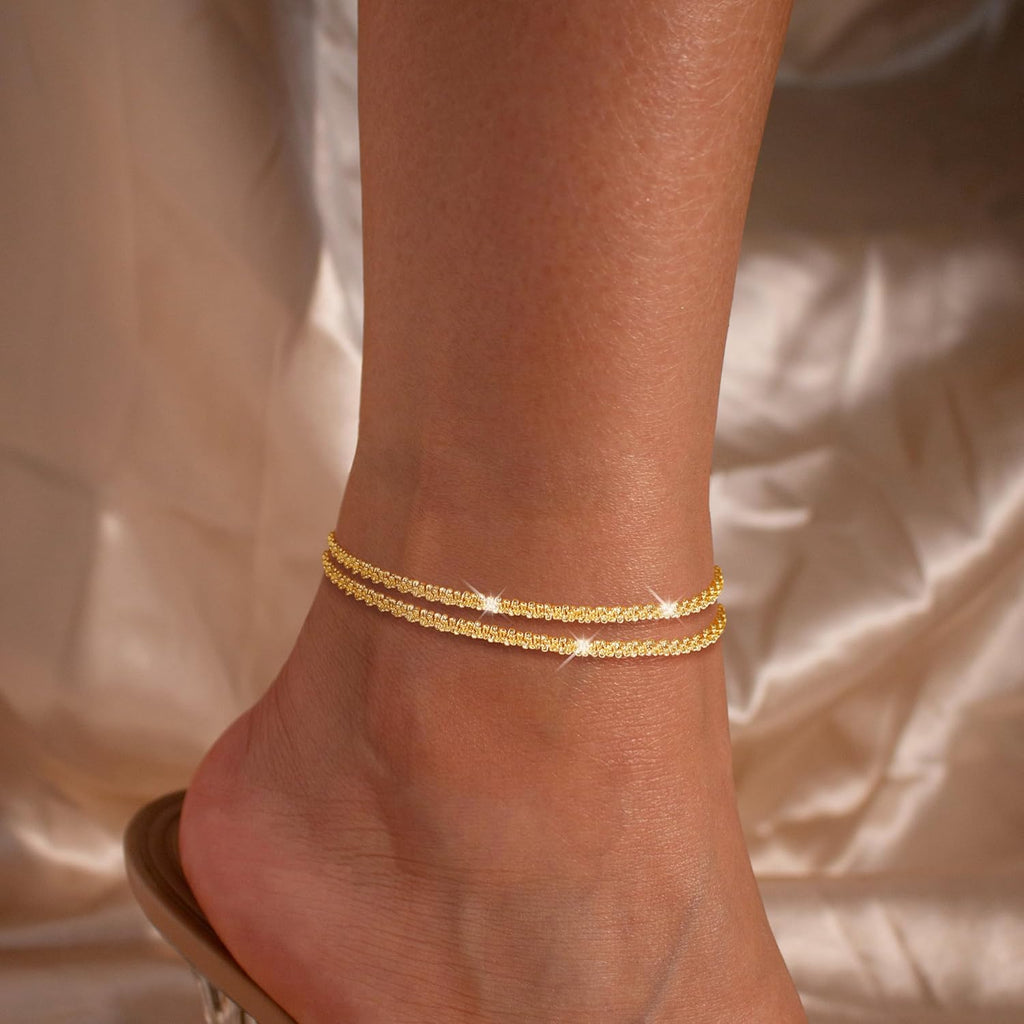 Robaice Ankle Bracelets for Women, Glitter Waterproof Adjustable Anklet for Women, 14K Gold Plated/Sterling Silver Layered Anklets, Summer Beach Anklet Jewelry for Women Gift
