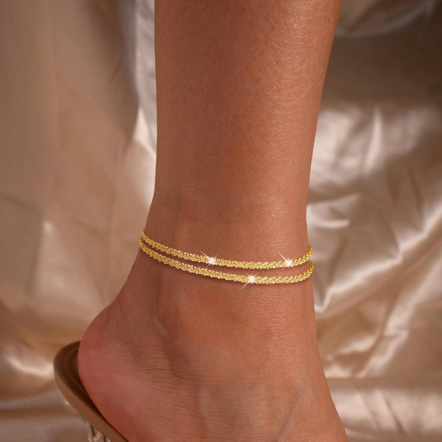 Robaice Ankle Bracelets for Women, Glitter Waterproof Adjustable Anklet for Women, 14K Gold Plated/Sterling Silver Layered Anklets, Summer Beach Anklet Jewelry for Women Gift