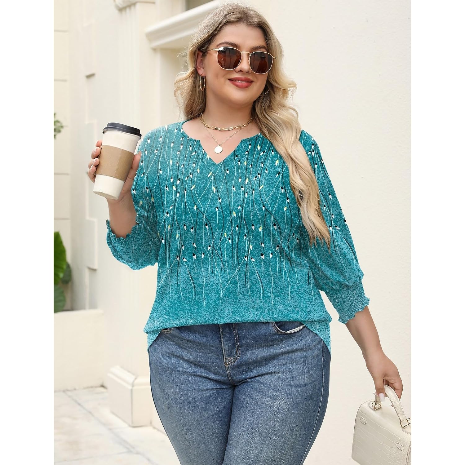 Rapbin Womens Plus Size Tops 3/4 Sleeve Blouses Shirts Casual V Neck Loose Tunic Tops 1X-5X