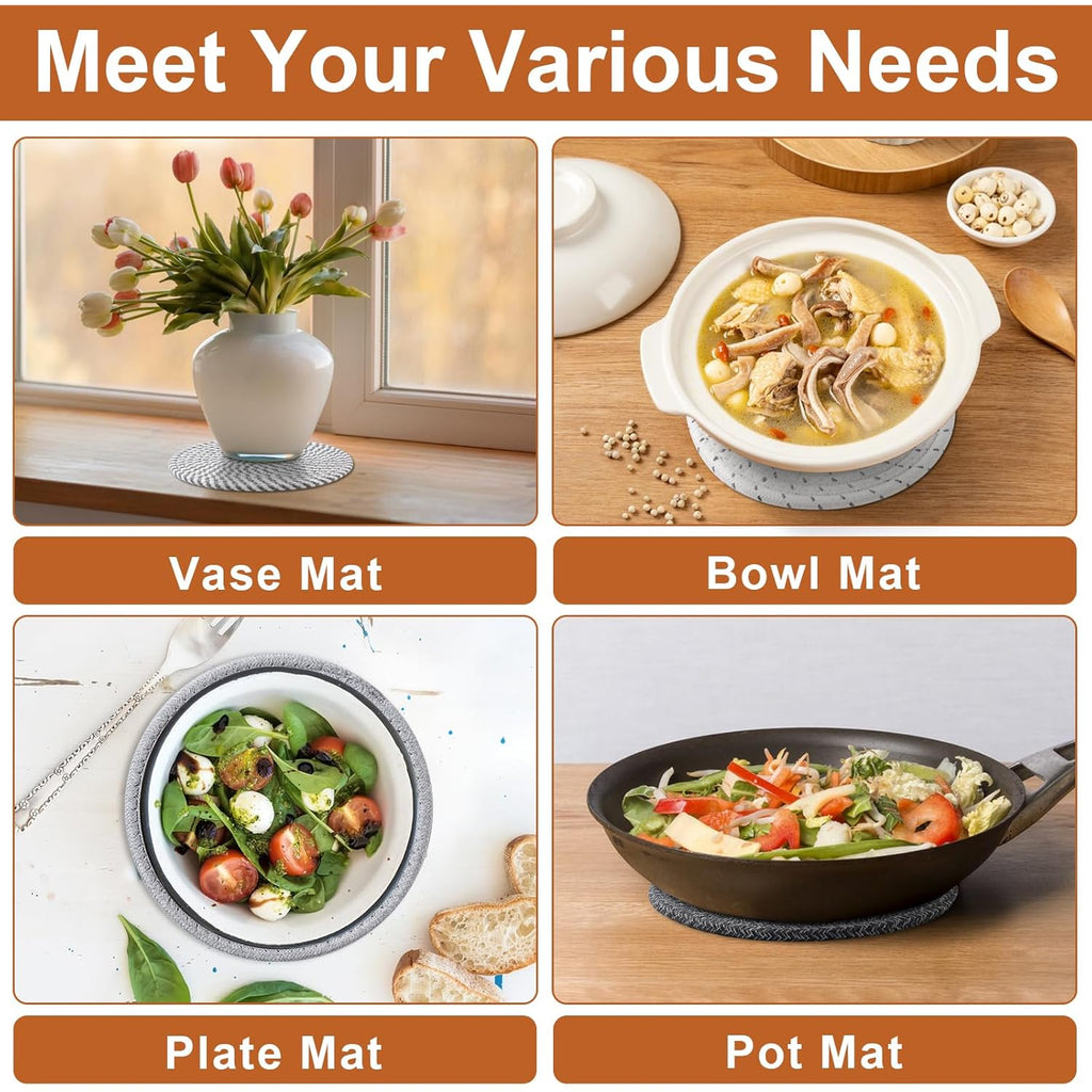 Husfunov 7 Inch Trivets for Hot Dishes, Pots and Pans, 5 Heat Resistant Pot Holders for Kitchen, Home Essentials, Hot Pads for Countertop and Table, Farmhouse Decor Vase Mats, Gray