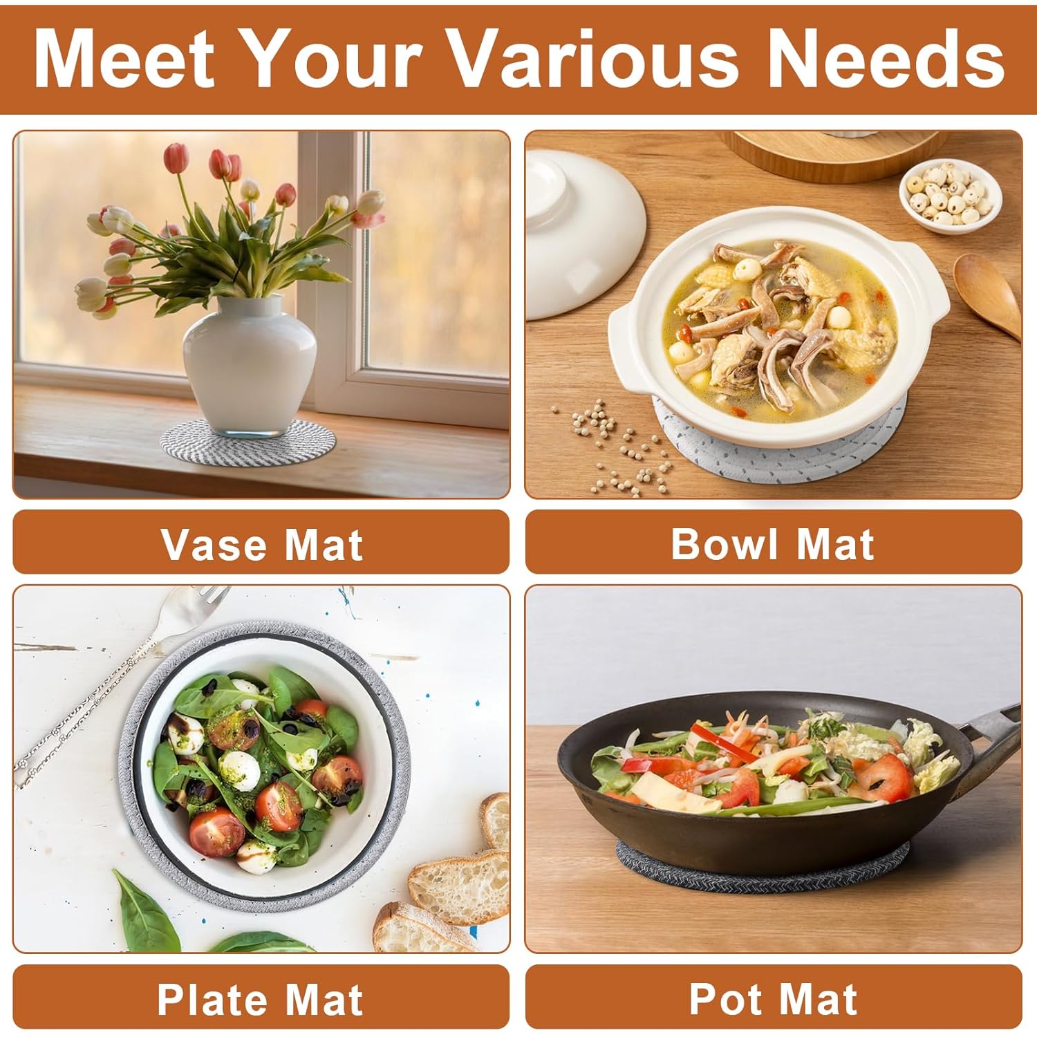 Husfunov 7 Inch Trivets for Hot Dishes, Pots and Pans, 5 Heat Resistant Pot Holders for Kitchen, Home Essentials, Hot Pads for Countertop and Table, Farmhouse Decor Vase Mats, Gray