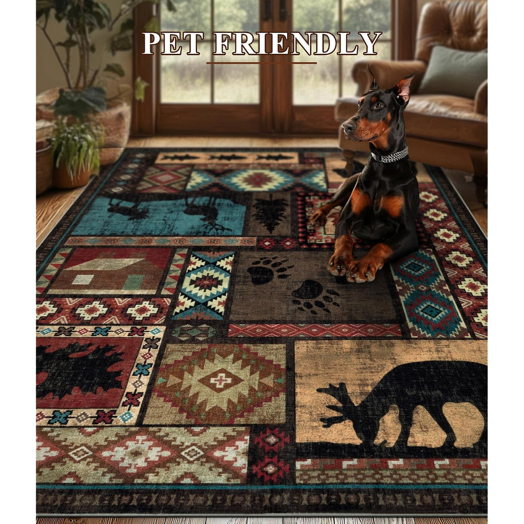 Hallway Runner Rug 2X6 Indoor Door Mat - Bear Rustic Cabin Non-Slip Entryway Rug, Low Pile Tribal Print For Kitchen, Bedroom