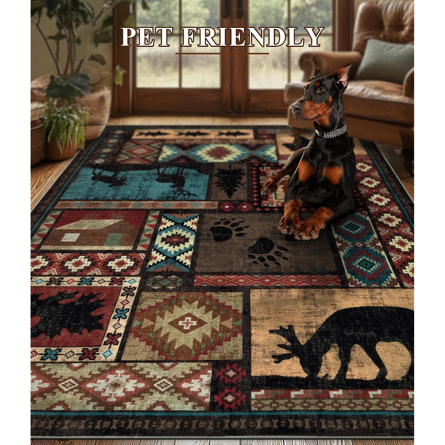 Hallway Runner Rug 2X6 Indoor Door Mat - Bear Rustic Cabin Non-Slip Entryway Rug, Low Pile Tribal Print For Kitchen, Bedroom