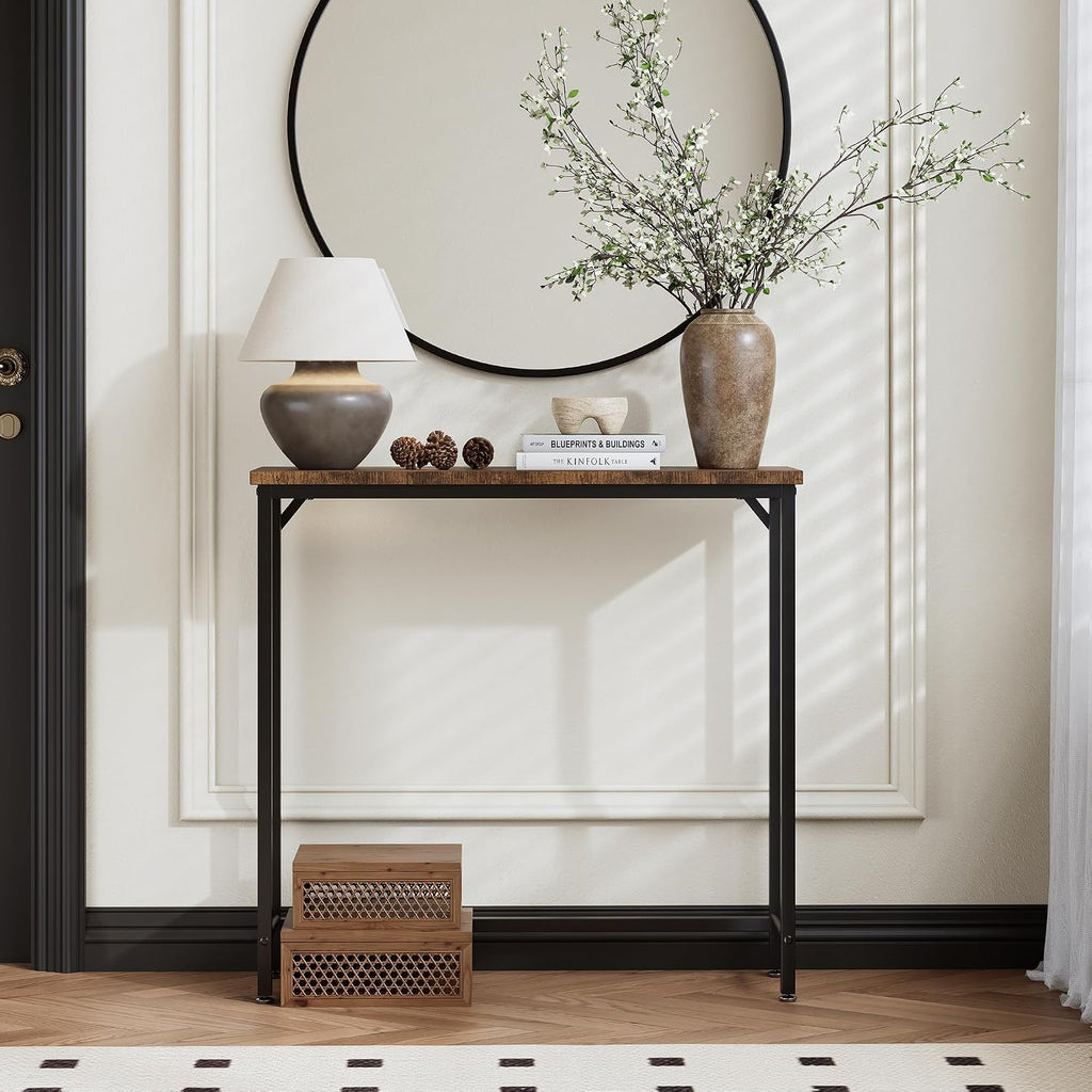 Narrow Entryway Console Table & Sofa Side Table - Industrial Hallway Table For Small Spaces, Behind Couch Table, Multi-Functional Living Room Bedroom Office,Brown, 29.5" X 9.4" X 29.5"