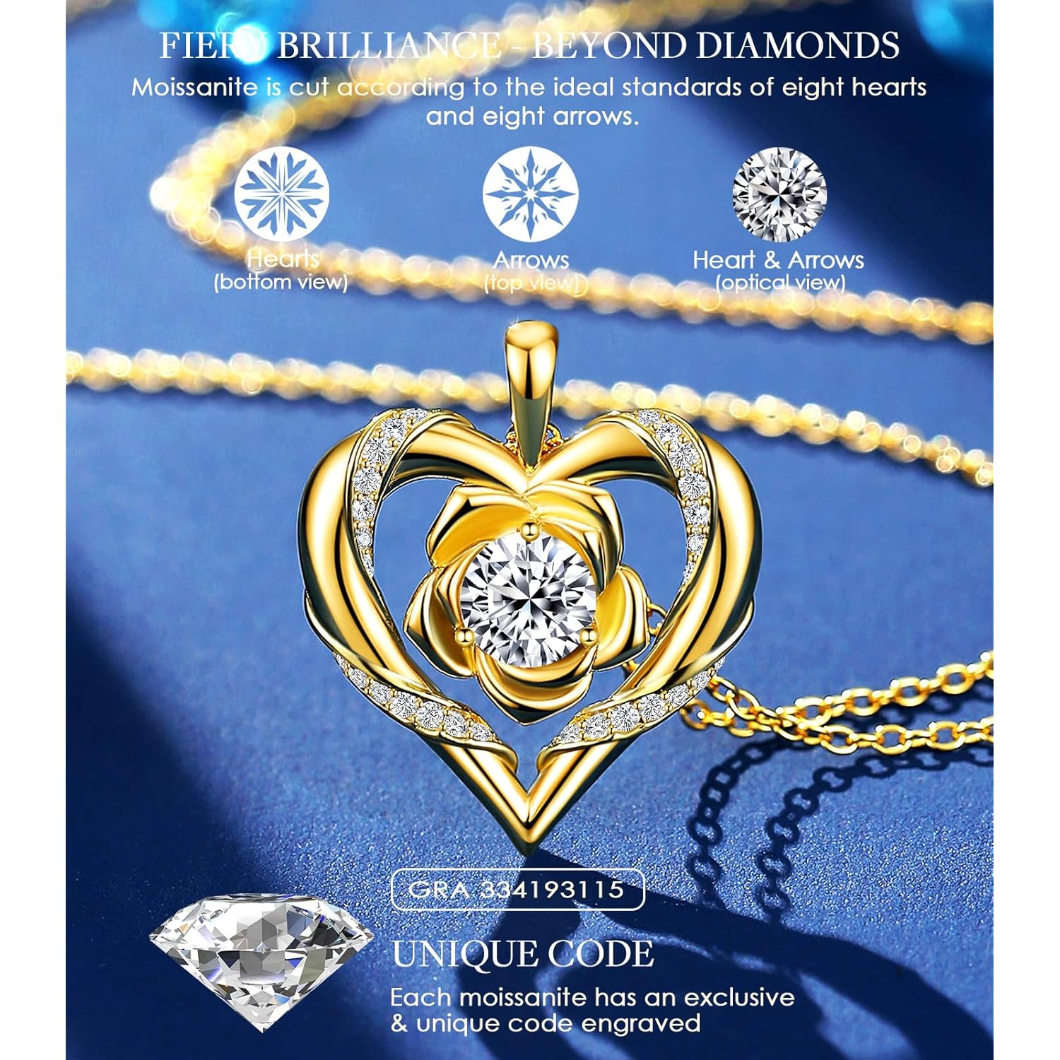 Beam & Bask Rose Flower Heart Moissanite Necklaces for Wife, S925 Silver Pendant for Women, 18K Gold Plated Jewelry for Her Girlfriend Mom for Anniversary Birthday