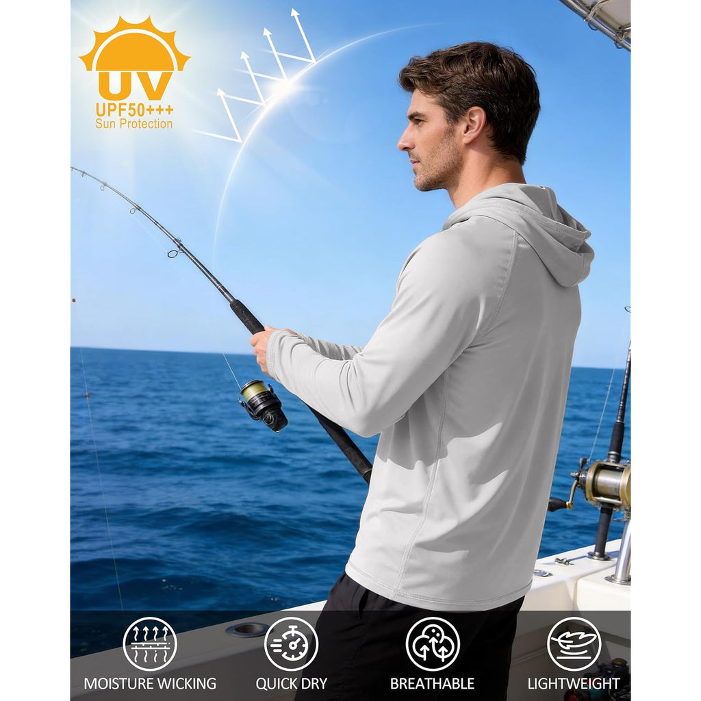 Men'S Upf 50+ Sun Hoodie, Long Sleeve Uv Protection Hooded Fishing Shirts, Lightweight Swim Surfing Rash Guard