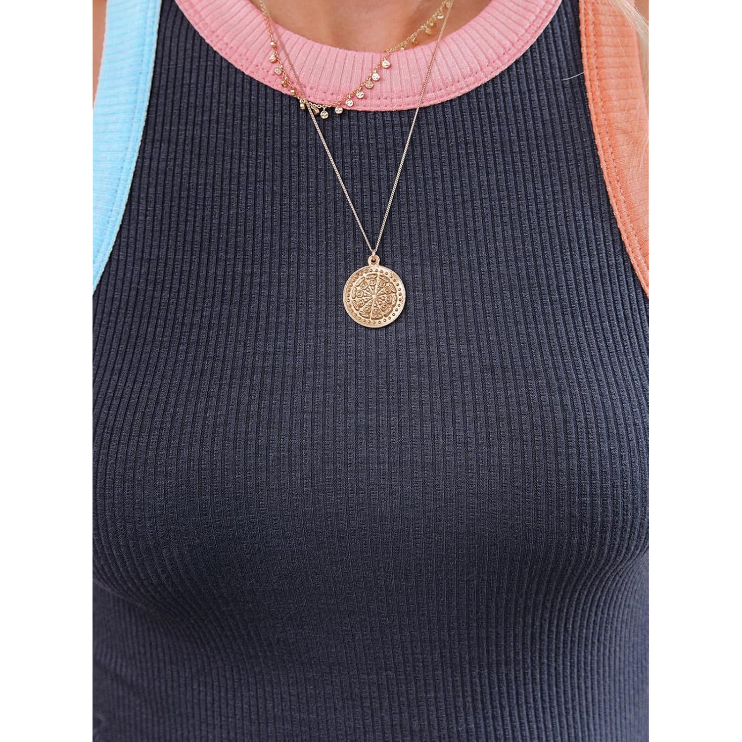 Siliteelon Womens Colorblock Racerback Crew Neck Casual Basic Ribbed Fitted Tank Top Sleeveless Camis