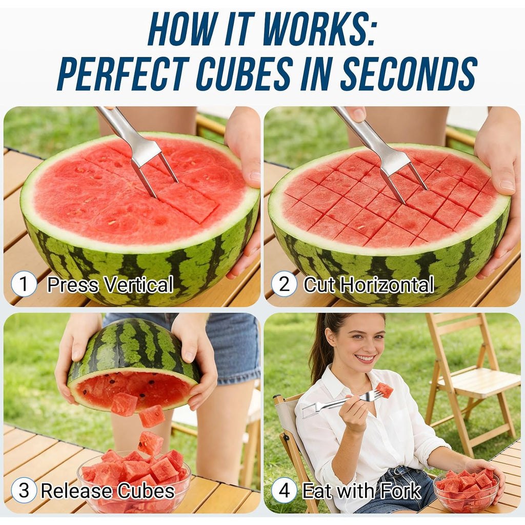 Watermelon Fork Slicer Cutter, 2-In-1 Stainless Steel Watermelon Slicer & Fruit Fork, Summer Kitchen Gadget For Bbq Parties, Camping & Rv Adventures