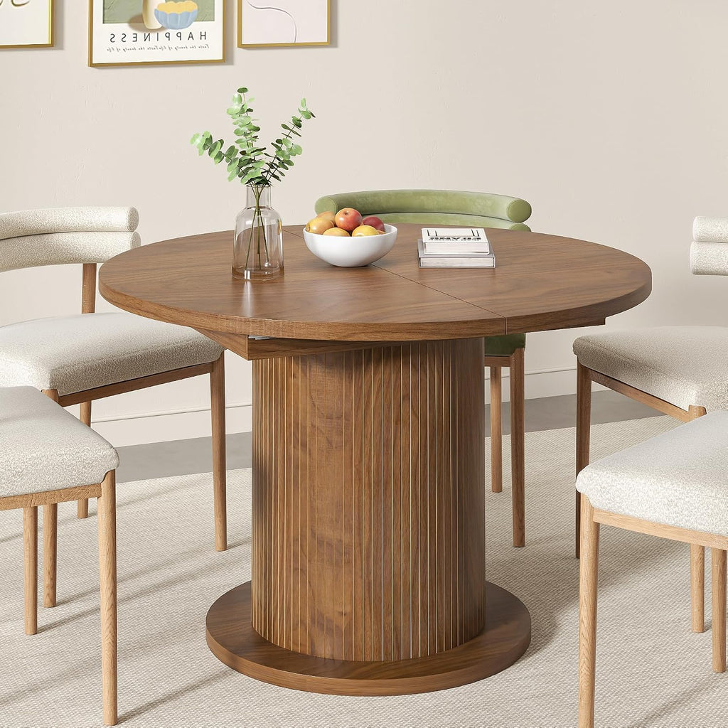 43.3 Inch 59 Inch Adjustable Size Round Dining Table For 4 6, Unique Design Modern Farmhouse Kitchen Table, Circle Dining Tables With Wood Strip Base For Kitchen Living Room (Walnut)