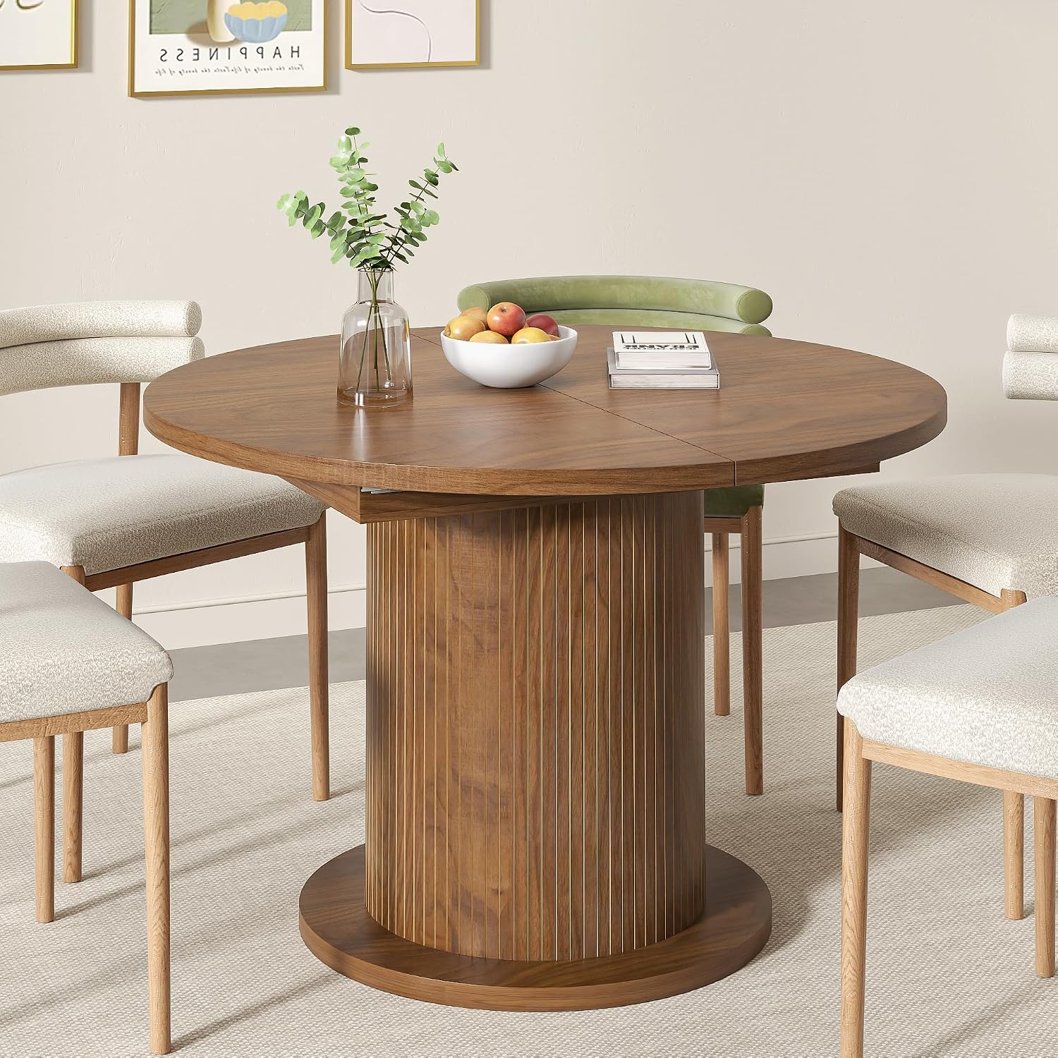 43.3 Inch 59 Inch Adjustable Size Round Dining Table For 4 6, Unique Design Modern Farmhouse Kitchen Table, Circle Dining Tables With Wood Strip Base For Kitchen Living Room (Walnut)