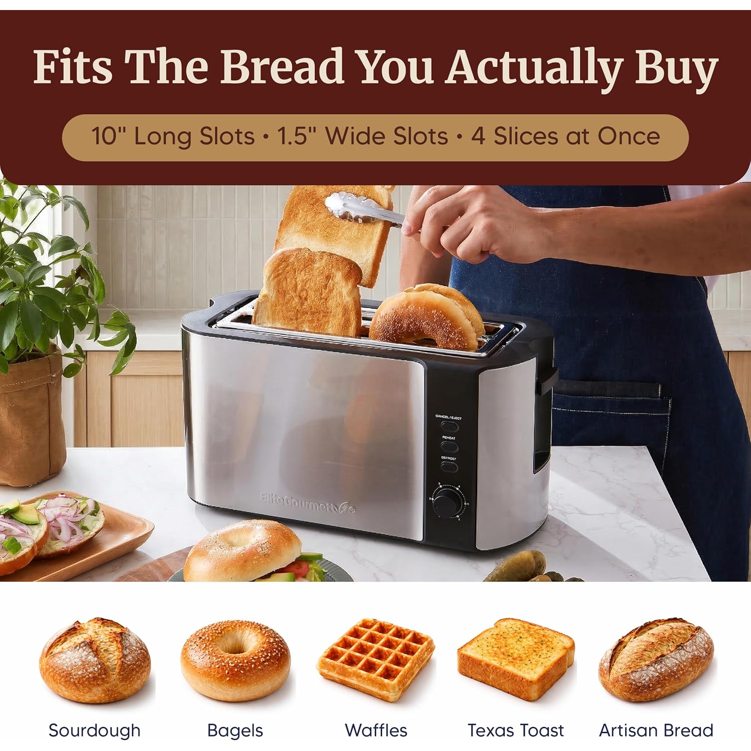 Elite Gourmet ECT-3100 4-Slice Long Slot Toaster | Extra Wide Slots for Bagels, Sourdough & Texas Toast | 6 Browning Settings | Reheat, Defrost & Cancel | Built-In Warming Rack | Stainless Steel