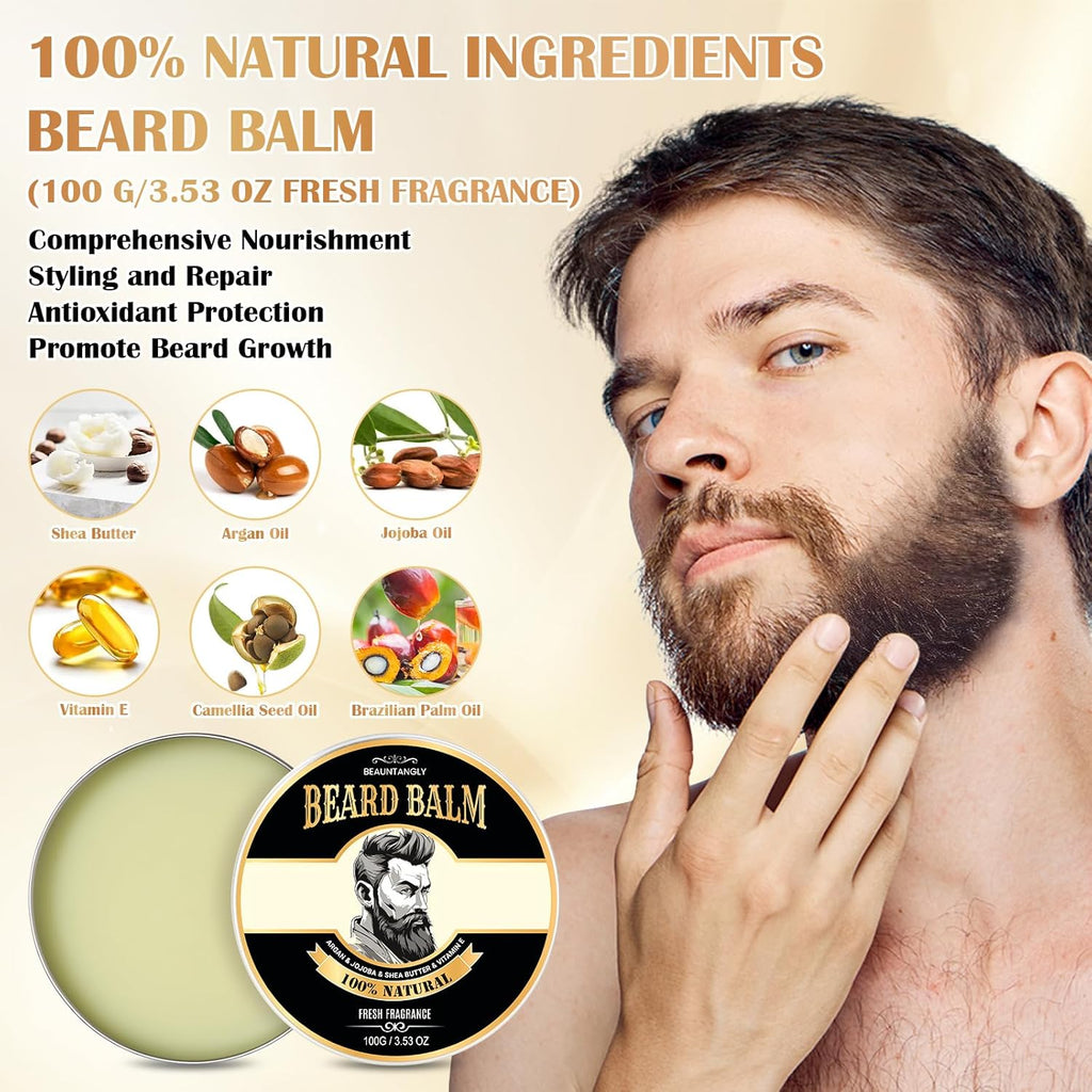 Beard Balm for Men, 100% Natural with Shea Butter, Argan Oil, Jojoba Oil, Vitamin E - 3.53OZ Conditioner Softener Moisturizer